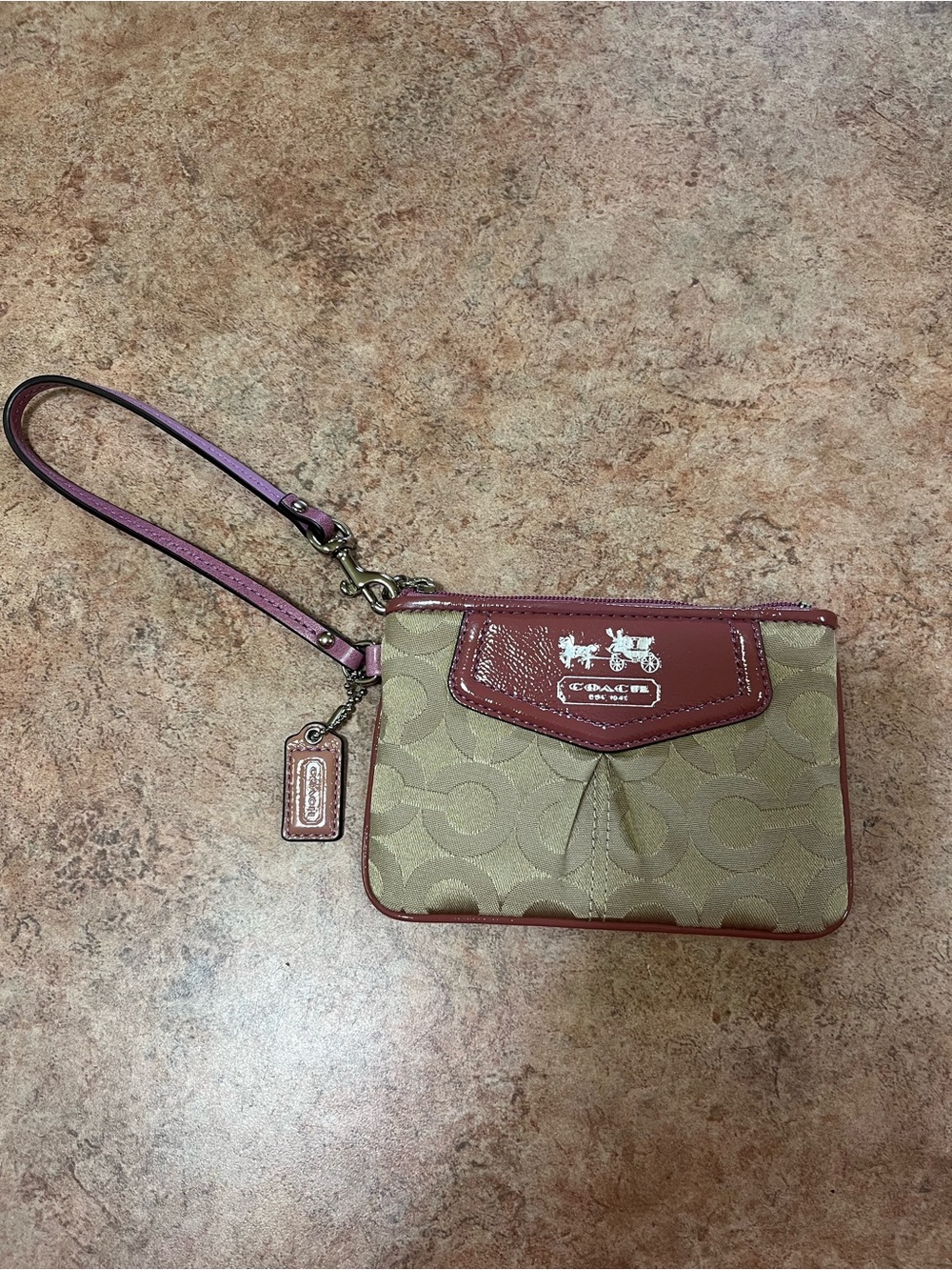 Coach Khaki Signature Canvas Wristlet with Pink Trim